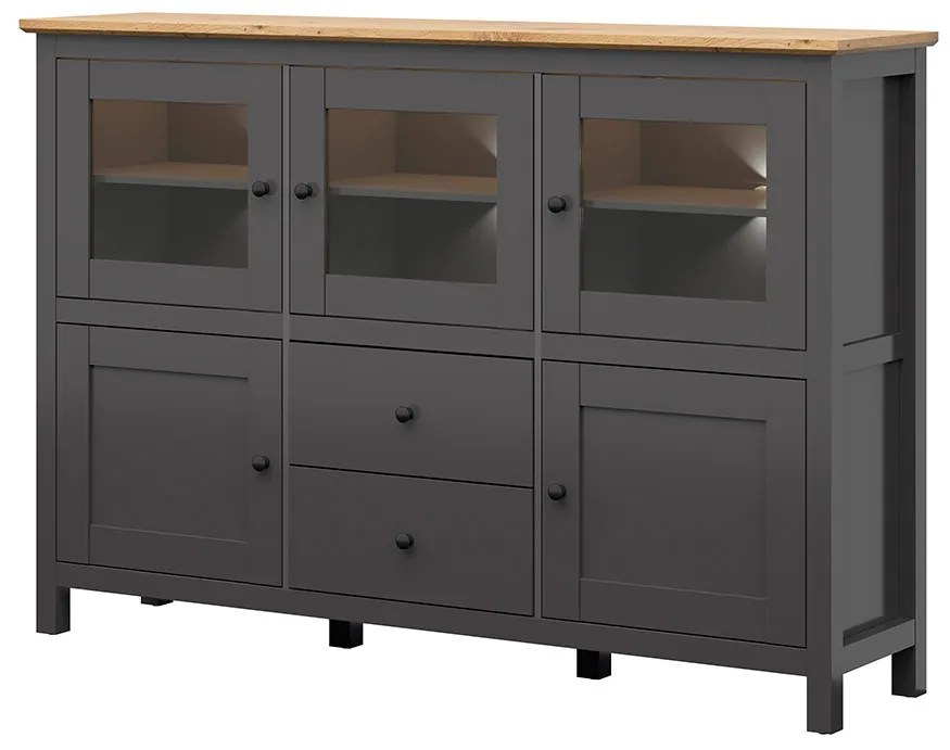 Vitrină Hesen KOM3W2D2S/13/19 (cu iluminat LED) (grafit + Stejar artisan). Promo -23%. 1062529