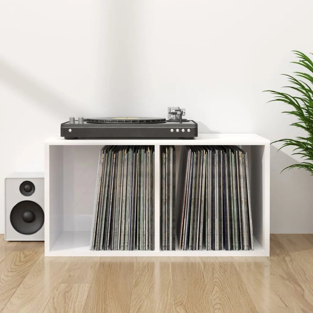 vidaXL Cutie de depozitare viniluri, alb extralucios, 71x34x36 cm lemn