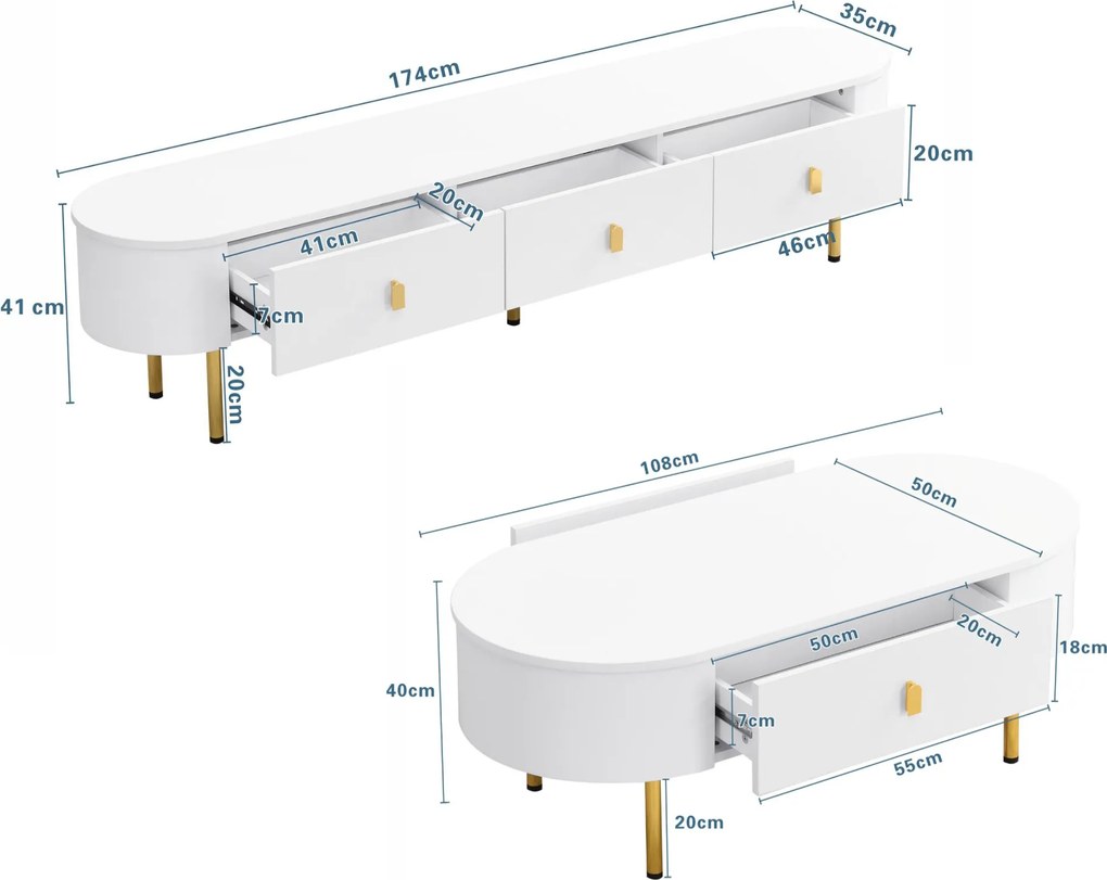 TV-dulap-masă de cafea-combinație, living-combinație cu sertare și colțuri rotunjite, Alb+Auriu