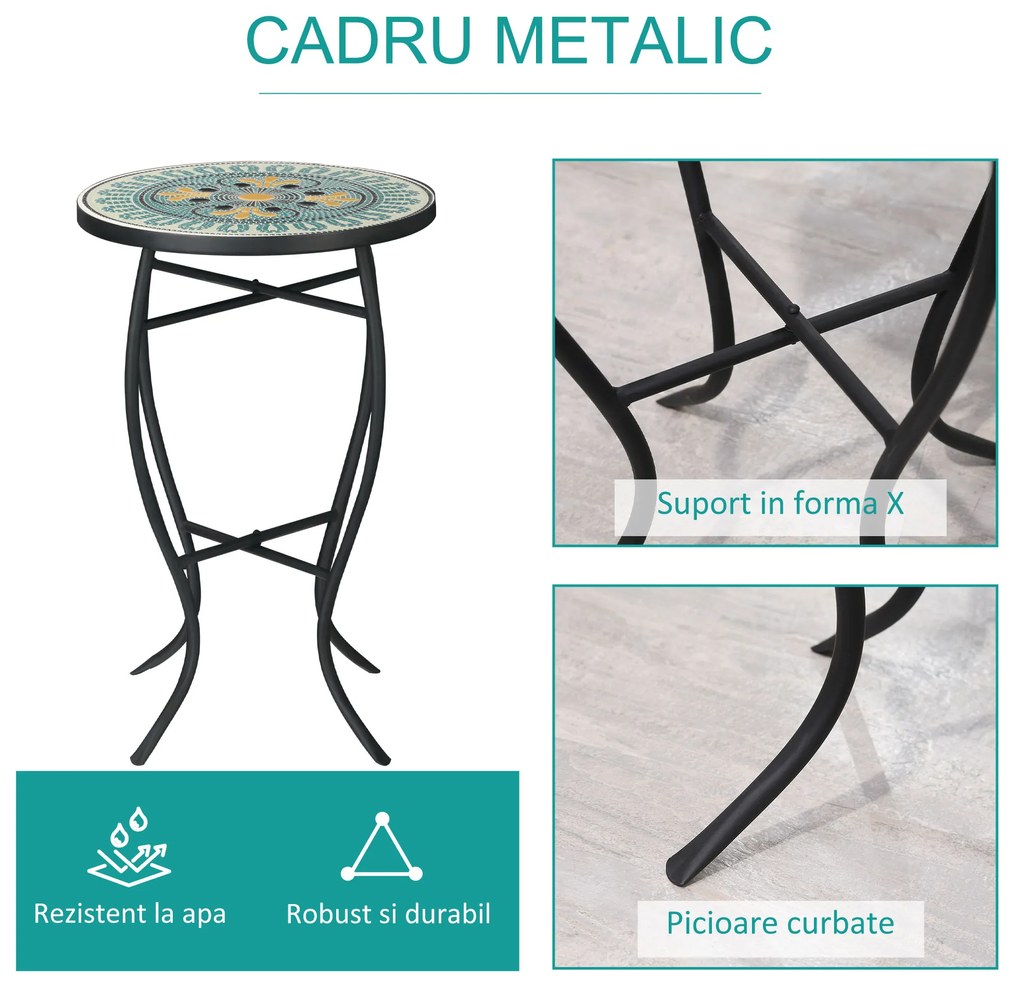Masuta de Gradina Rotunda Outsunny din Metal Blat cu Mozaic, Multicolor Ф35.5x53.5cm | Aosom RO
