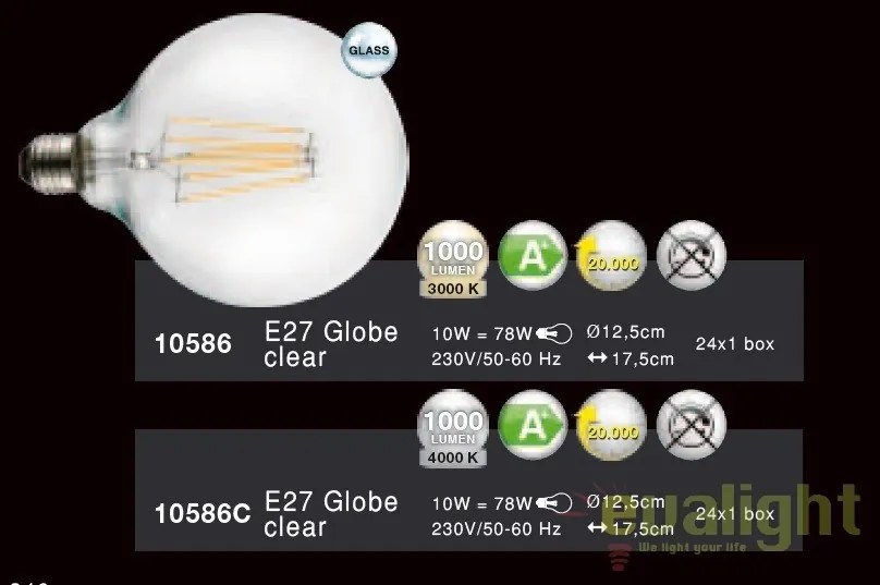 Bec E27 LED clear globe 10W, 1000Lm, 3000K 10586 GL