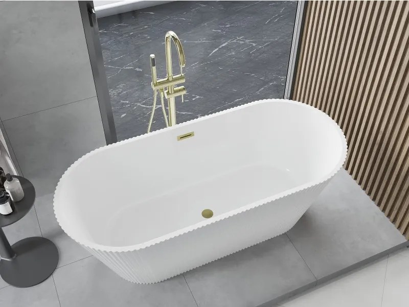 Mexen Yara cadă de baie freestanding canelată 170 x 75 cm, albă, preaplin auriu periat - 52861707500-55