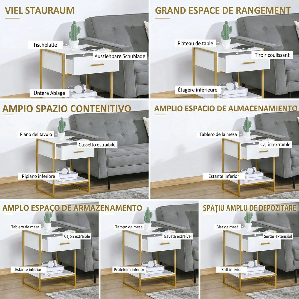 HOMCOM Set din 2 Noptiere Moderne, Noptiere cu Raft și Sertar, Organizatoare de Depozitare pentru Dormitor, 45x40x60 cm, Alb | Aosom Romania