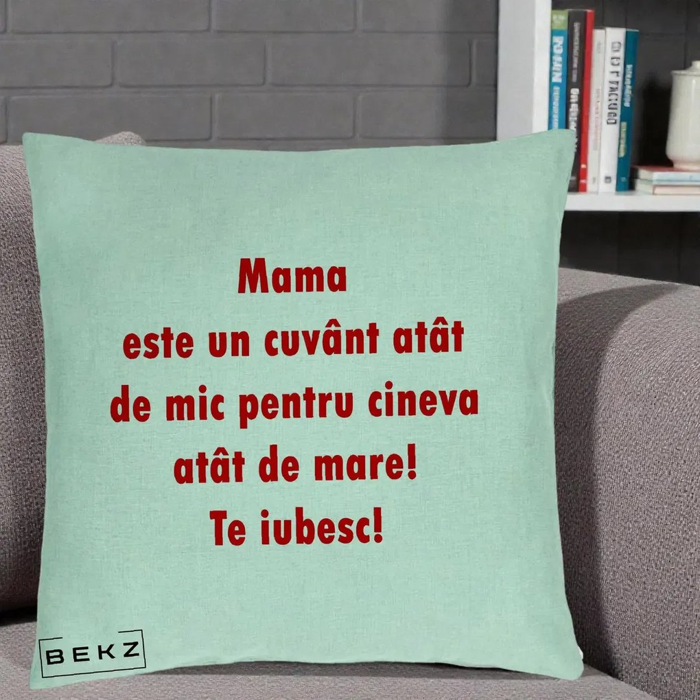 Cadou pentru Mama - Perna Personalizata Mama Cuvant Mic, 40x40 cm, Verde Menta, Husa Detasabila, Perna Inclusa, BEKZ®