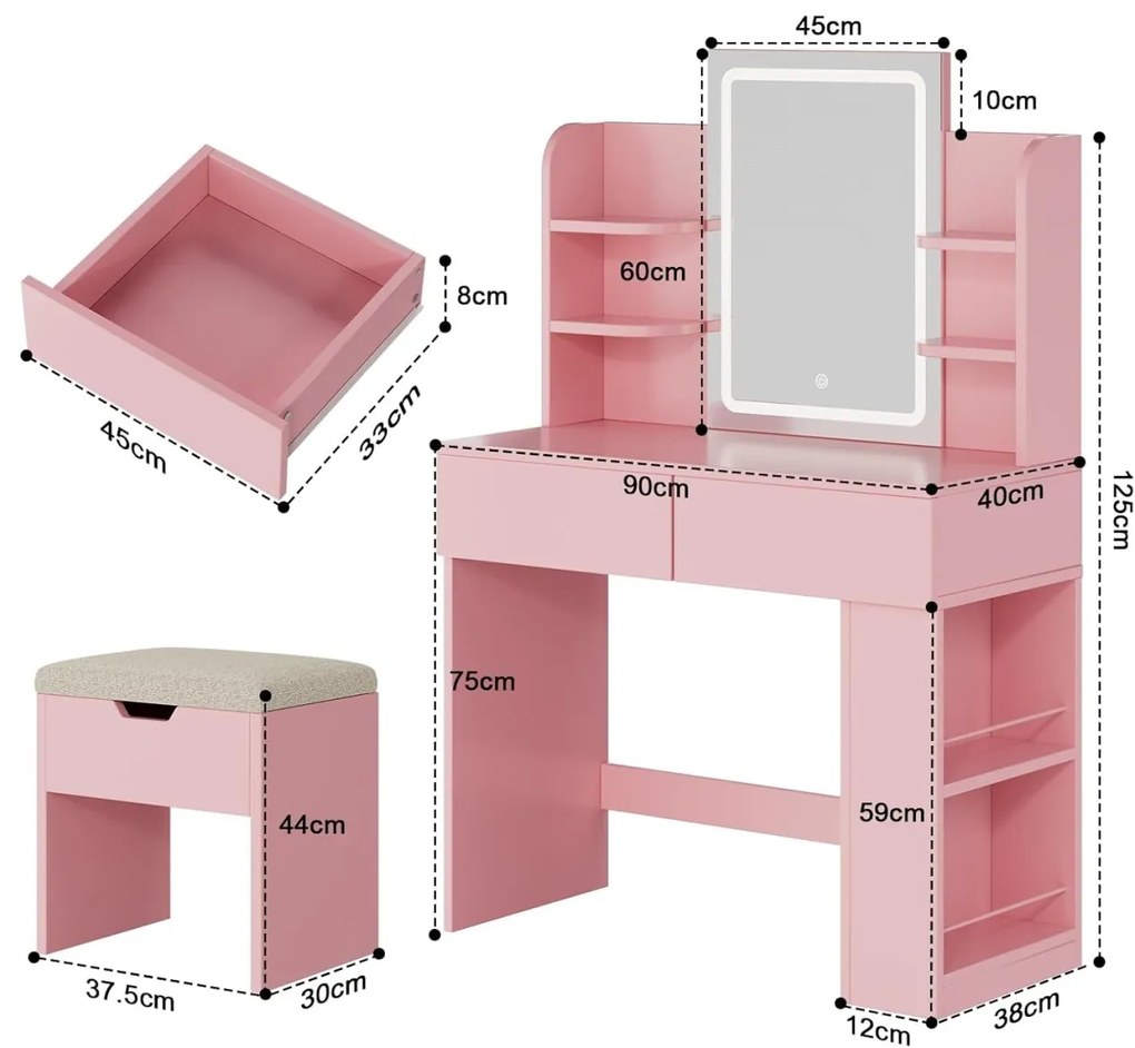 SER203 - Set Masa toaleta 90 cm, 2 Sertare, Oglinda cu LED, masuta vanity, make-up - Alb / Negru / Roz