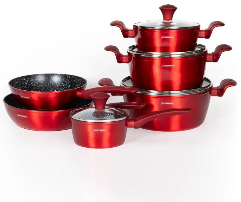 Set de oale si tigai Royalty Line FD10, 10 piese, Aluminiu turnat, Acoperire din marmura Greblon, Inductie, Rosu
