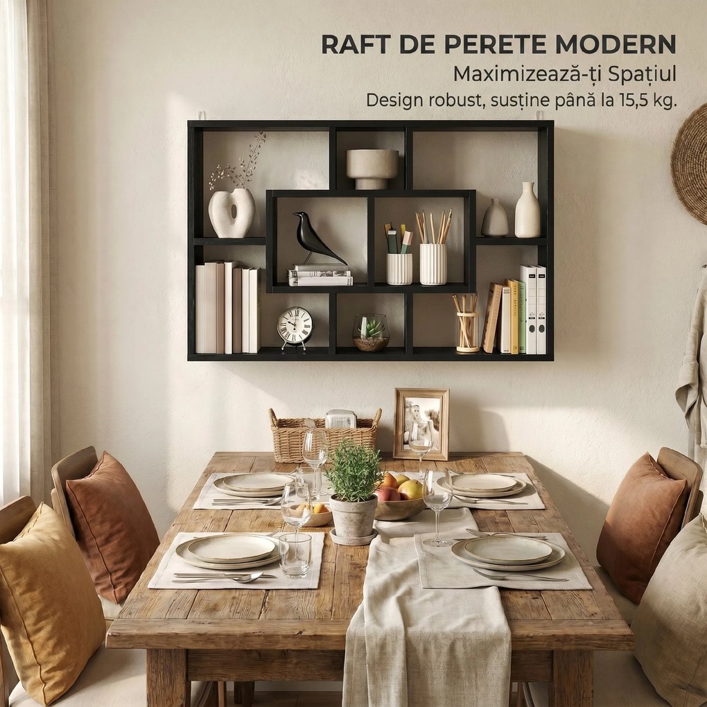 HOMCOM Etajeră de Perete cu 8 Compartimente, 85 x 14,5 x 47,5 cm, Lemn, Negru | Aosom Romania