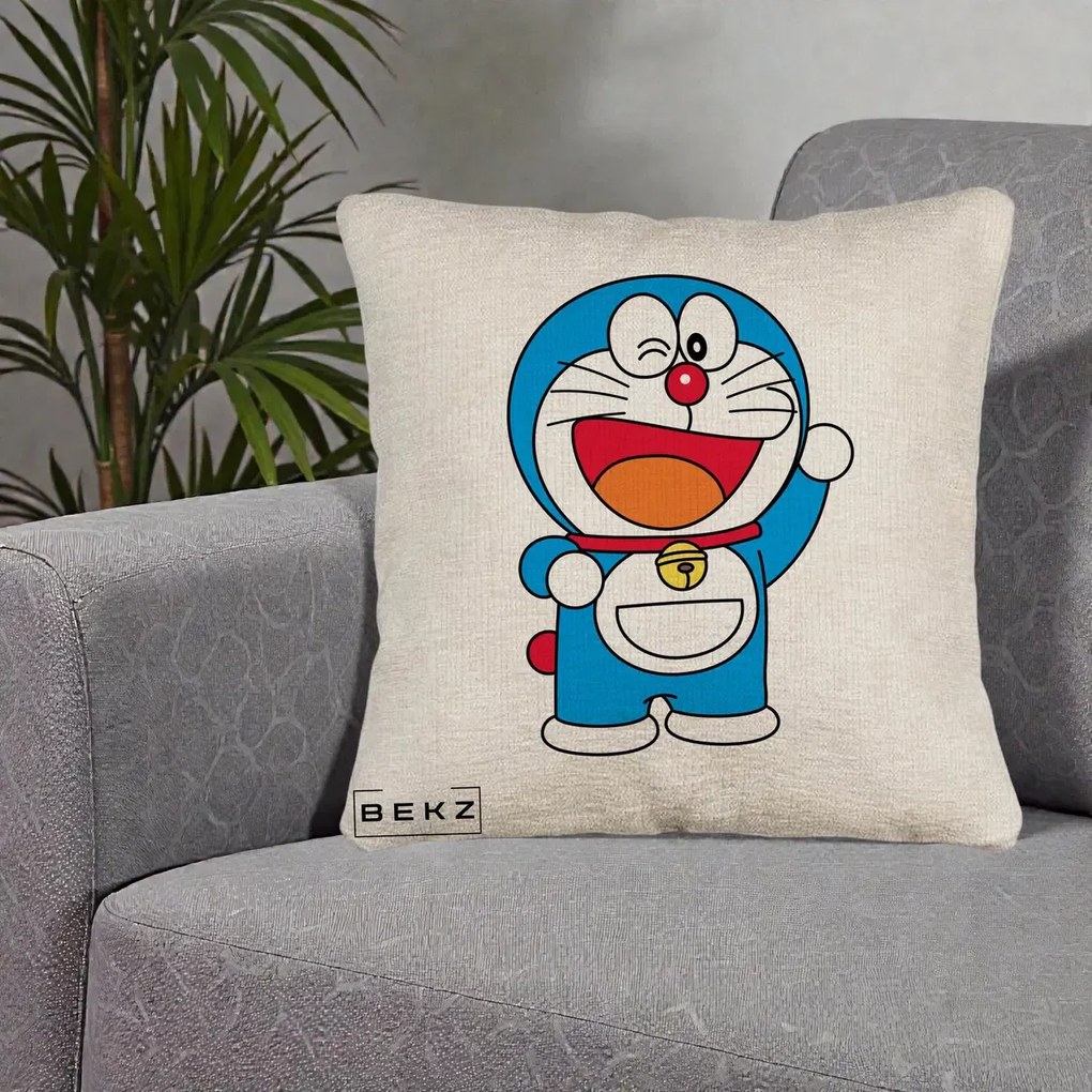 Perna Personalizata Doraemon Salutand, 40x40 cm, Bej Canapea, Husa Detasabila, Perna Inclusa, BEKZ®