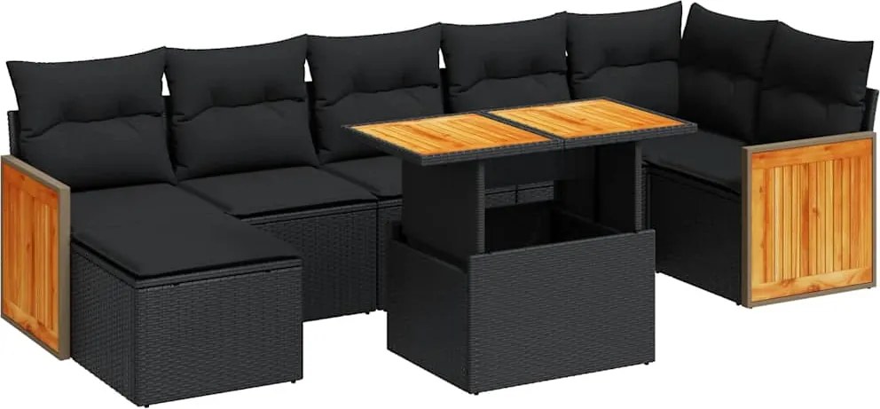 vidaXL Set mobilier grădină perne 8 piese negru, poliratan/lemn acacia