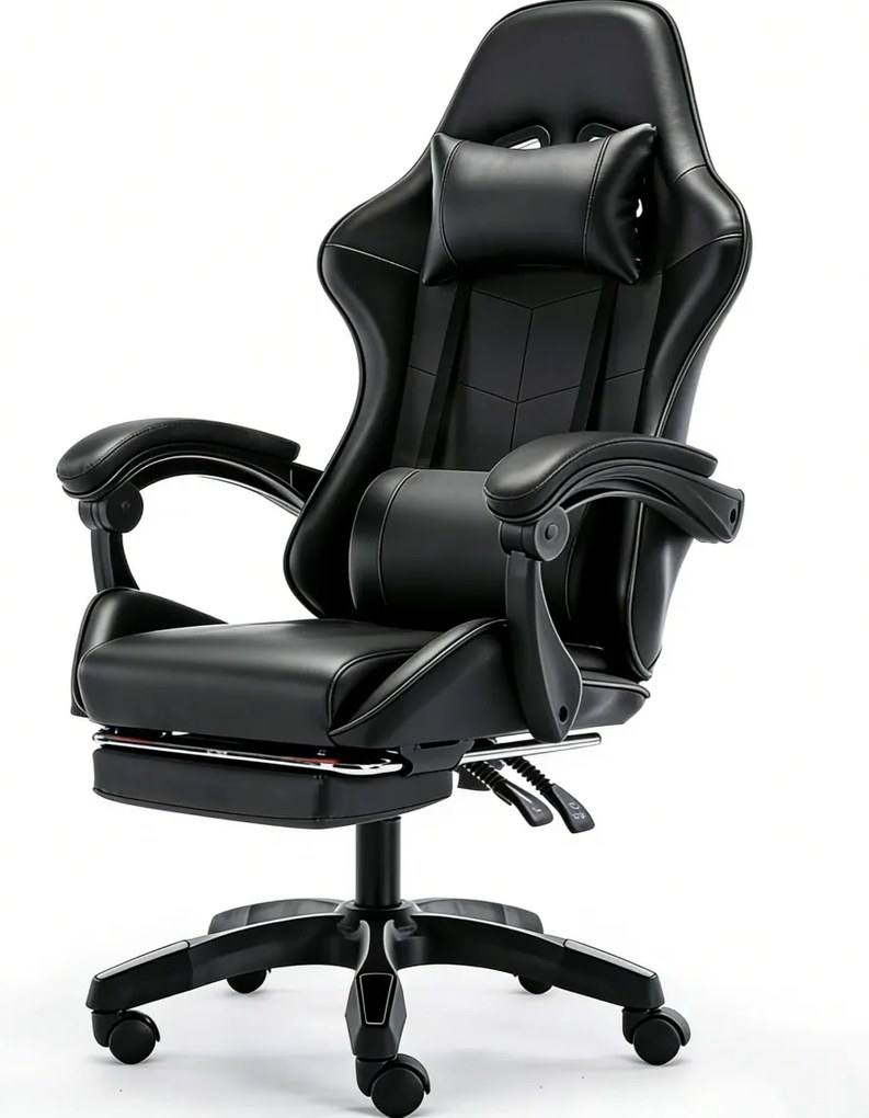 Scaun gaming, Masaj în perna lombară, Rabatabil 90-145°, Suport picioare, piele PU, Negru