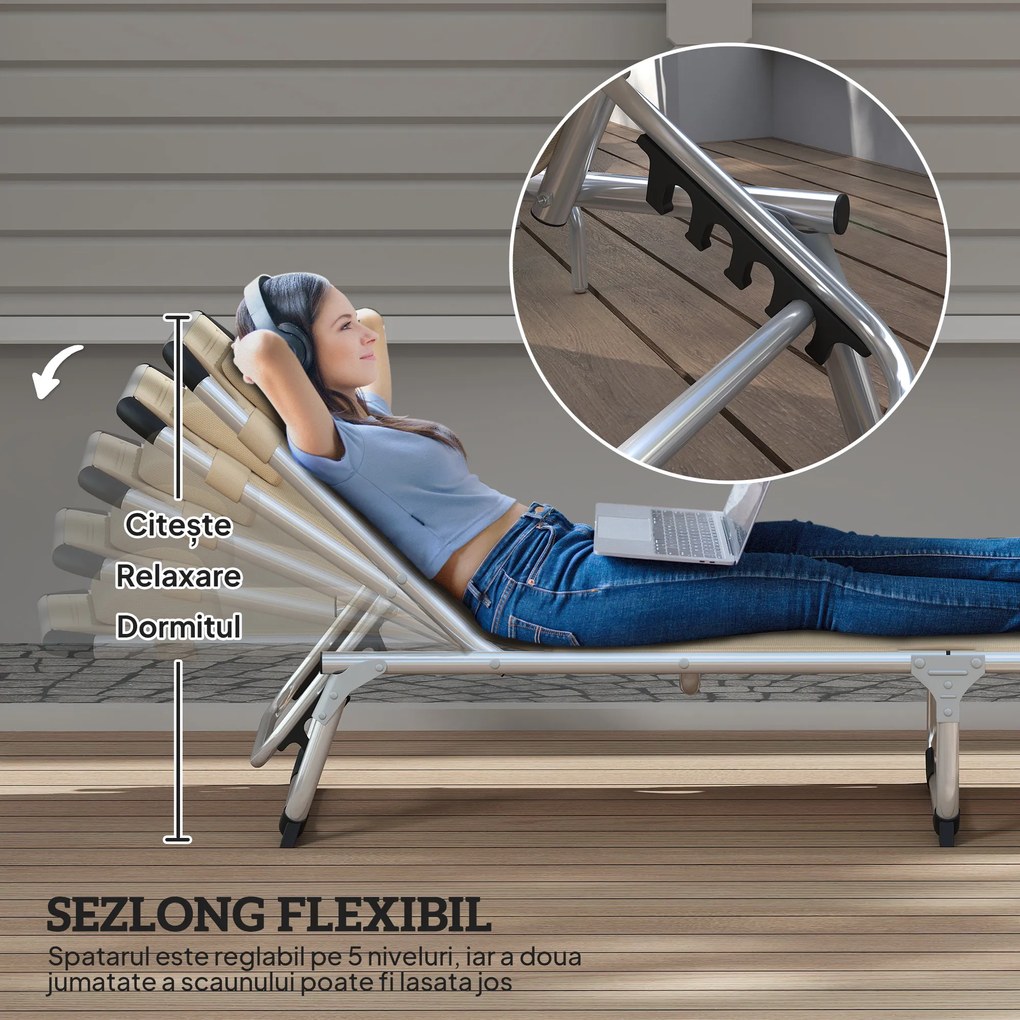 Outsunny Șezlong de plajă, Pliabil cu suport pentru cap, spătar reglabil, aluminiu și textilene, bej | Aosom Romania