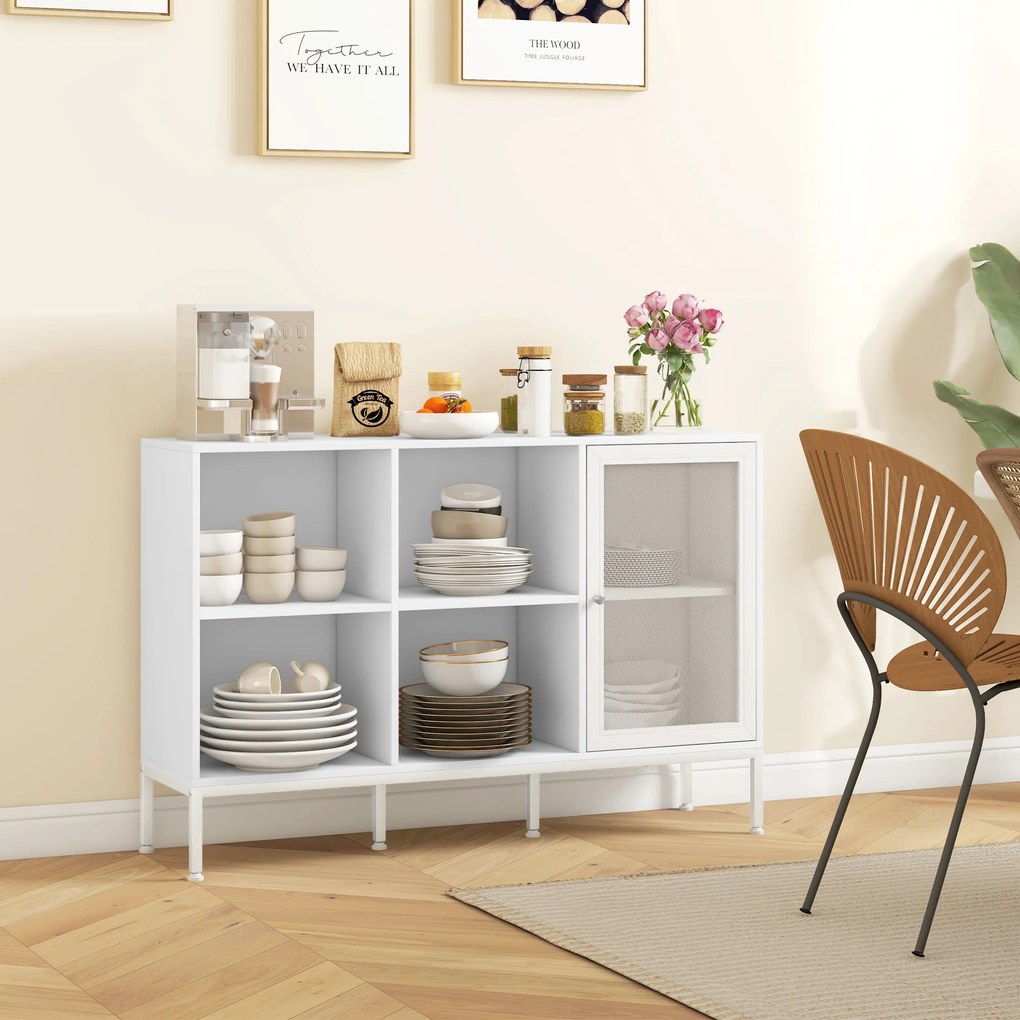 HOMCOM Dulap Modern de Depozitare cu Ușă din Plasă, 4 Compartimente Deschise și Raft Reglabil, 120x37x81.5 cm, Alb | Aosom Romania