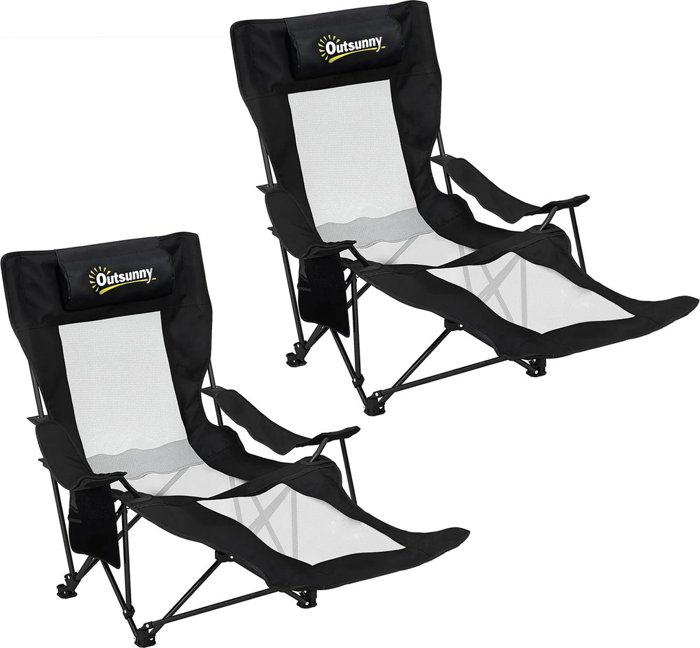 Outsunny Set de 2 Scaune Pliabile Rabatabile pentru Camping cu Suport Picioare Detașabil, Tetieră, Suport Pahar și Husă, Negru | Aosom Romania
