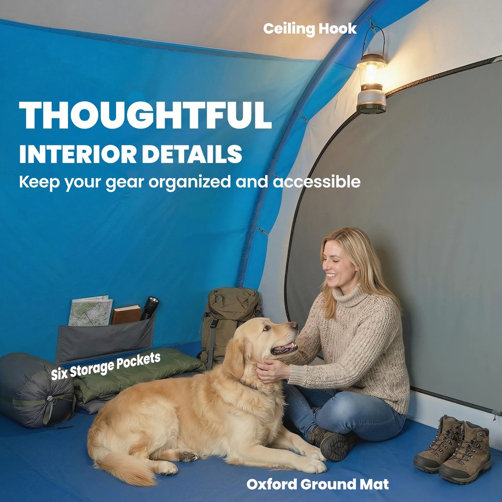 Outsunny Cort familial tip tunel pentru 4 persoane cu 3 camere Ușă 4 ferestre Impermeabil Montaj ușor | Aosom Romania