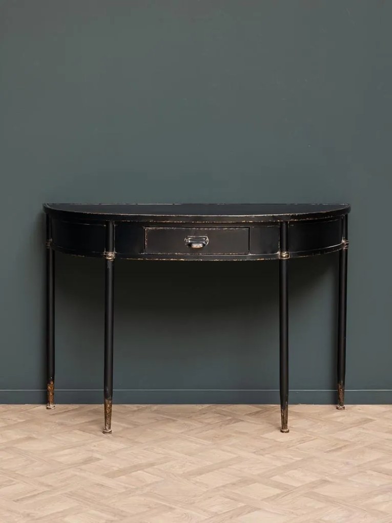 Consolă hol vintage din metal, negru, cu blat semicerc, sertar și mâner cu ramă pentru etichetă, 80 x 120 x 44 cm, „Agathe”