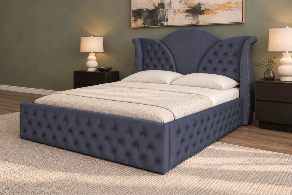 Pat tapițat Chesterfield din catifea Velora Deluxe Classic 180×200 cm, gri închis, cu ladă de depozitare