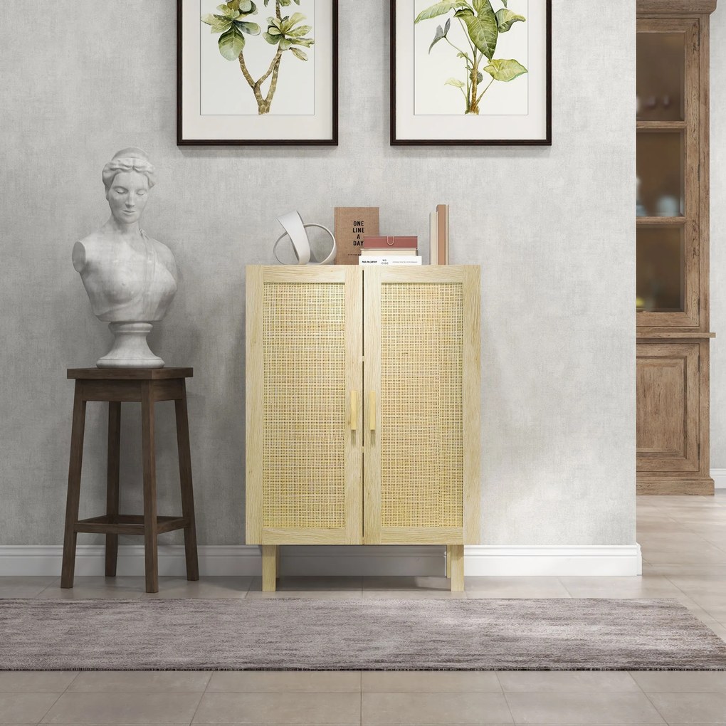 HOMCOM Bufet înalt mobilier de depozitare design boem cu duble uși cu 3 rafturi împletite - 73 x 41 x 102 cm | Aosom Romania