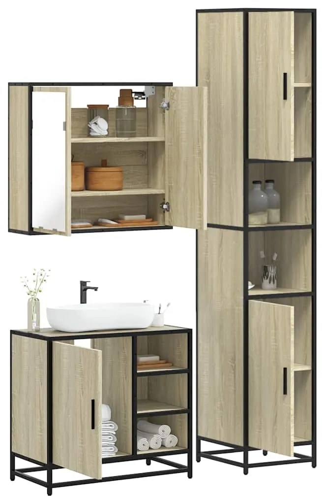 vidaXL Set mobilier de baie, 3 piese, stejar sonoma, lemn prelucrat