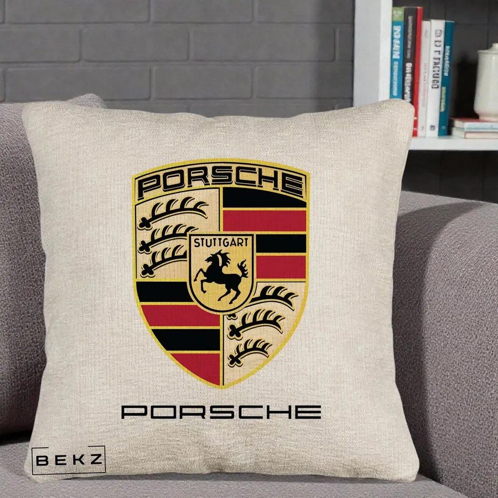 Perna Personalizata Porsche Stuttgart, 40x40 cm, Bej Canapea, Husa Detasabila, Perna Inclusa, BEKZ®