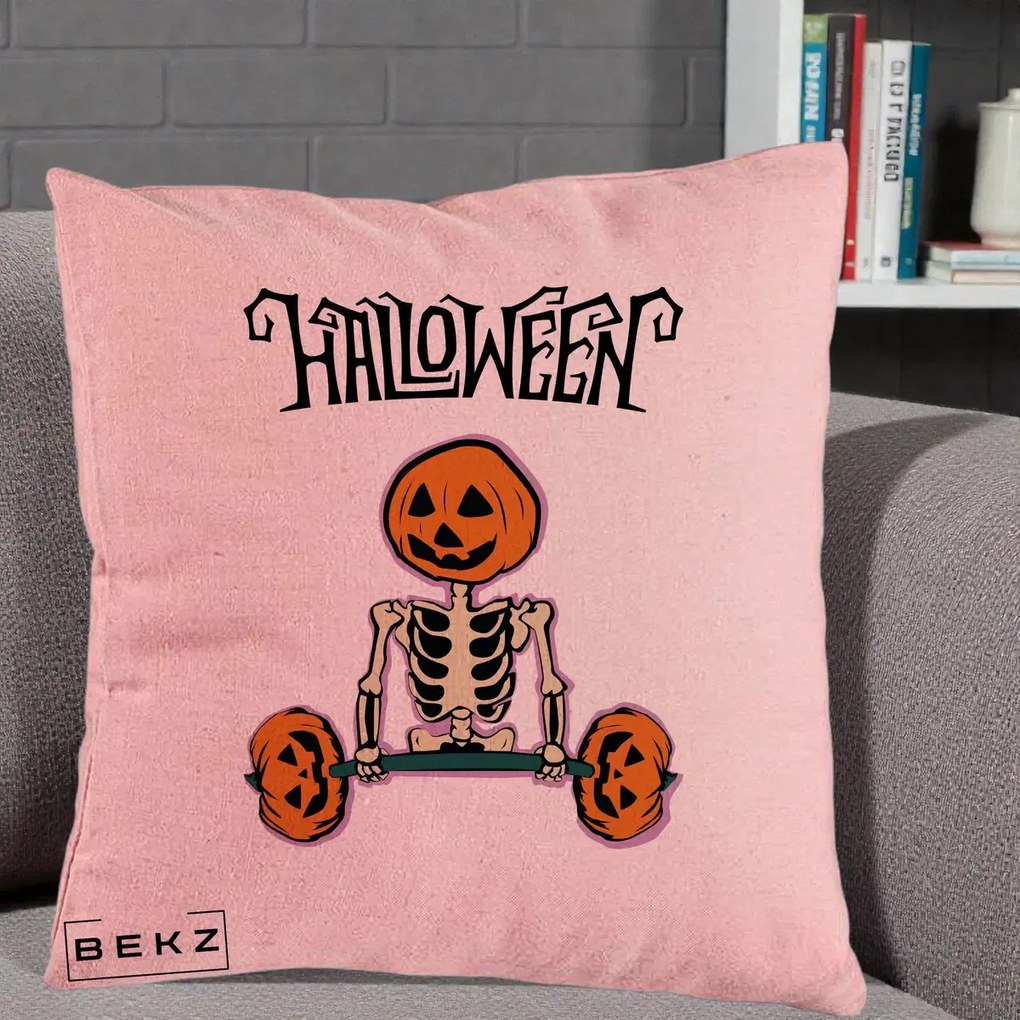 Perna Decorativa Halloween Schelet cu Cap de Dovleac Powerlifting, 40x40 cm, Roz, Husa Detasabila, Perna Inclusa, BEKZ®