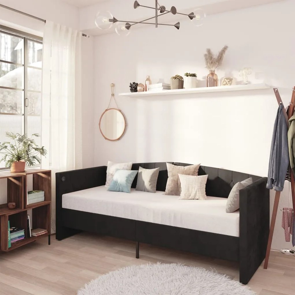 337210 vidaXL Pat de zi, negru, 90x200 cm, catifea, USB
