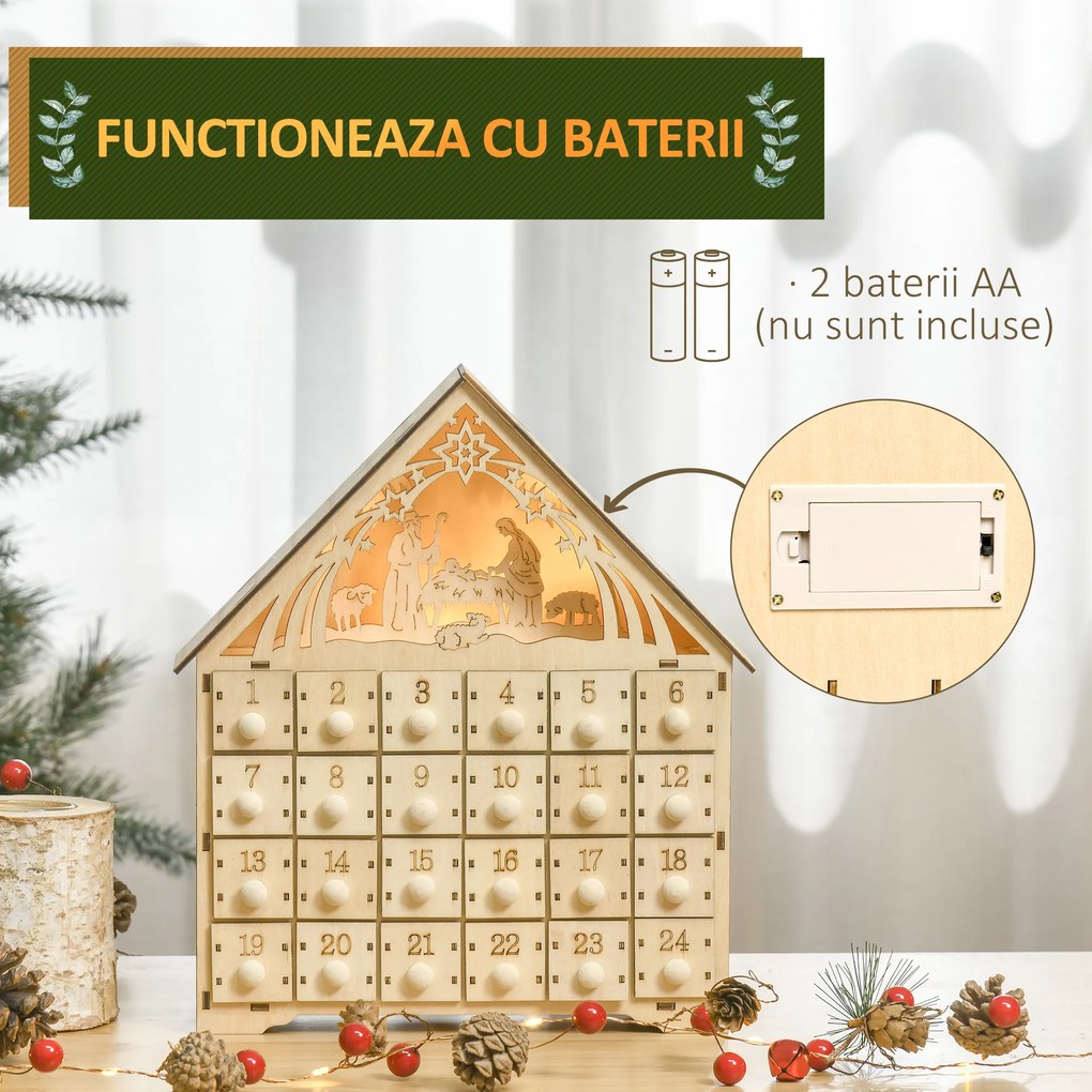 Calendar Advent din Lemn 24 Sertare Decoratiune de Craciun cu Nasterea Domnului Sculptata si Luminite, 26.6x6x30cm HOMCOM | Aosom RO