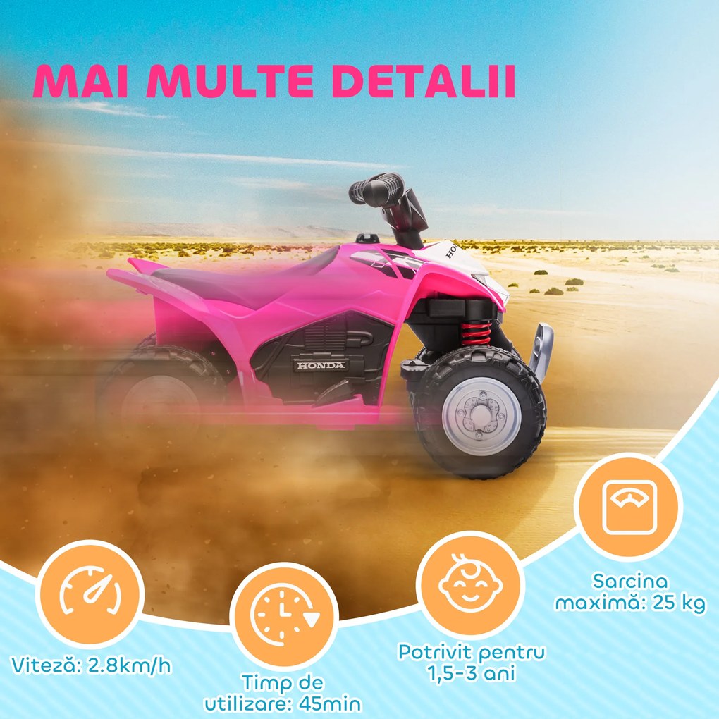 AIYAPLAY ATV Electric, Mini Motocicletă pentru Copii 18-36 Luni cu Lumini LED, Claxon și Pedale, 65,5x38,5x43,5 cm, Roz | Aosom Romania