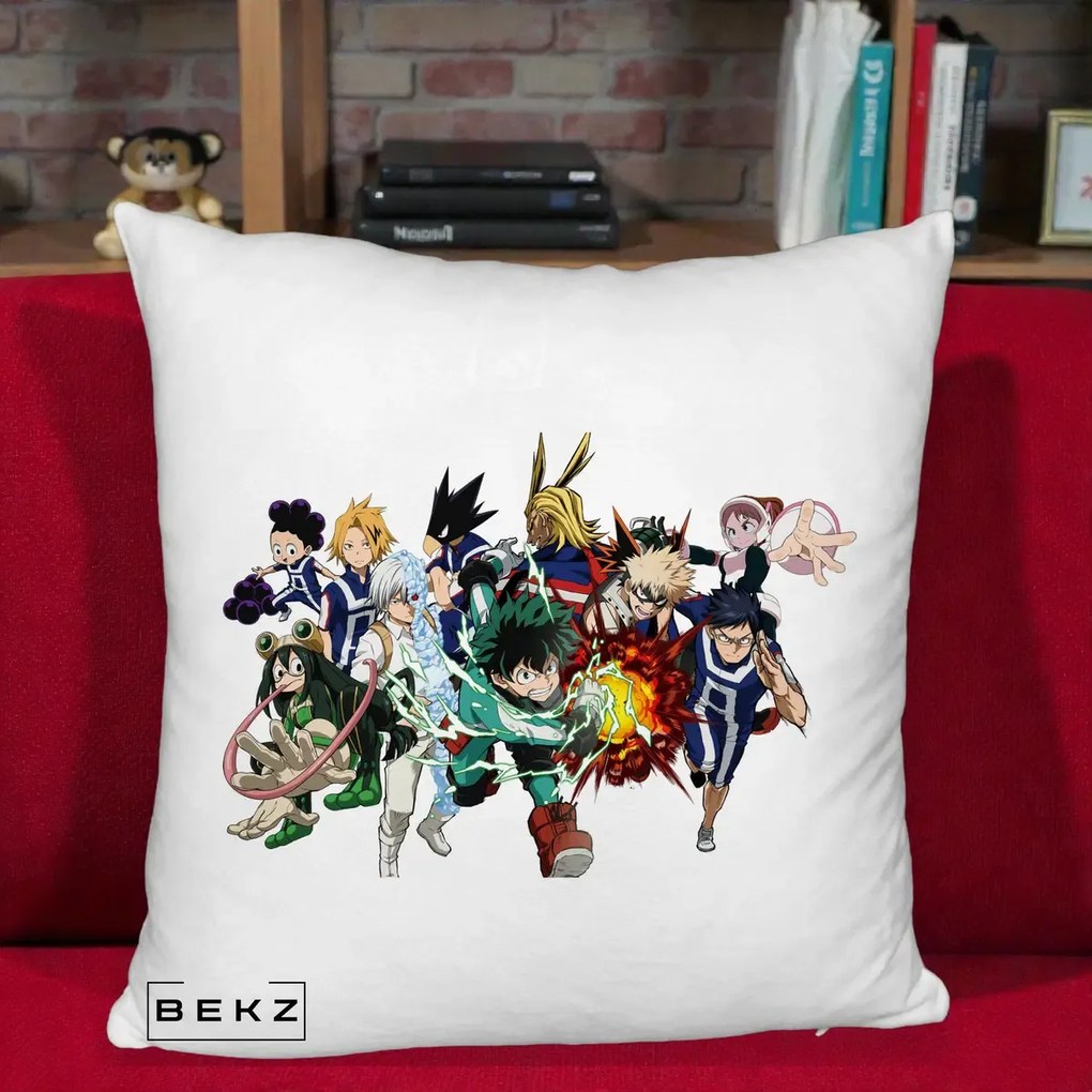Perna Personalizata My Hero Academia Clasa 1-A Complet, 40x40 cm, Alb Pufos, Husa Detasabila, Perna Inclusa, BEKZ®