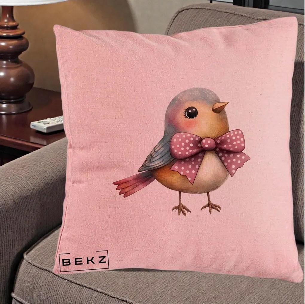 Perna Decorativa Pasare Bleu cu Fundita Roz, 40x40 cm, Roz, Husa Detasabila, Perna Inclusa, BEKZ®