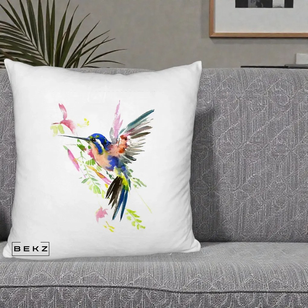 Perna Decorativa Colibri Acuarela, 40x40 cm, Alb Pufos, Husa Detasabila, Perna Inclusa, BEKZ®