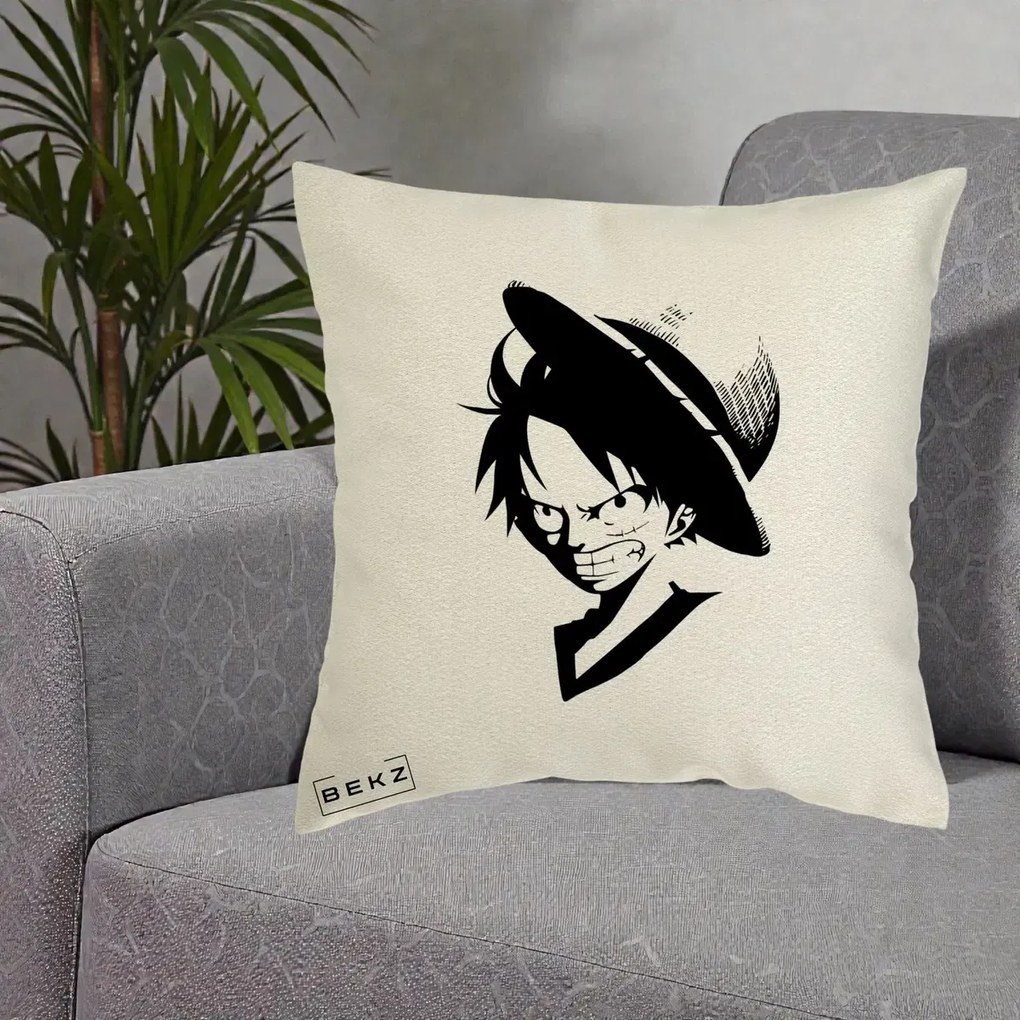 Perna Personalizata One Piece Luffy Silueta Alb-Negru, 40x40 cm, Ecru, Husa Detasabila, Perna Inclusa, BEKZ®