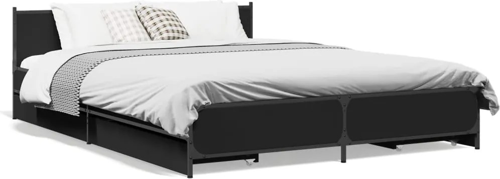 vidaXL Cadru de pat cu sertare, negru, 135x190 cm, lemn prelucrat