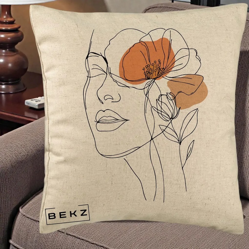 Perna Decorativa Portret Feminin Mac Profilat, 40x40 cm, Bej, Husa Detasabila, Perna Inclusa, BEKZ®
