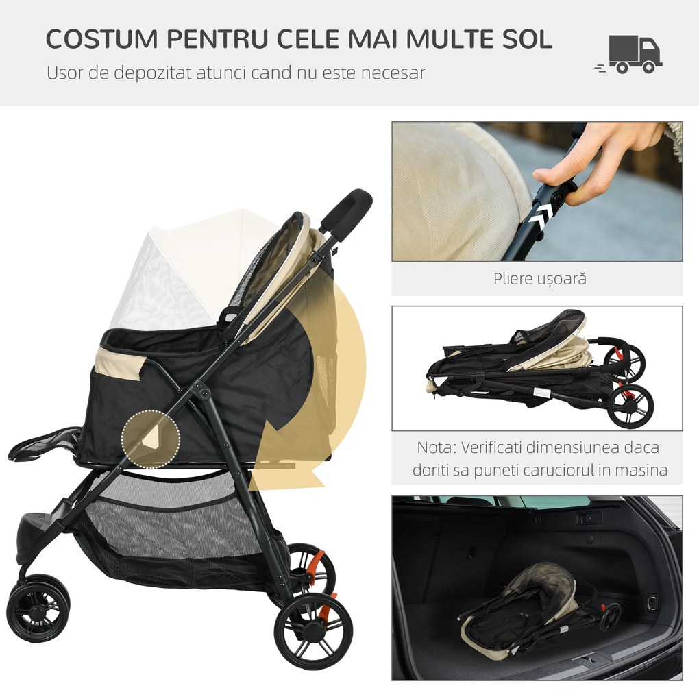 PawHut Cărucior pentru Câini cu 3 Roți, Cărucior Pliant cu Husă de Ploaie, Coș și Curea, 80,5x51,5x100 cm, Kaki | Aosom Romania