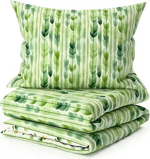 Set Lenjerie de pat creponata GREEN TREES POLY verde + Cearsaf Jersey 180 x 200 cm alb, pat dublu