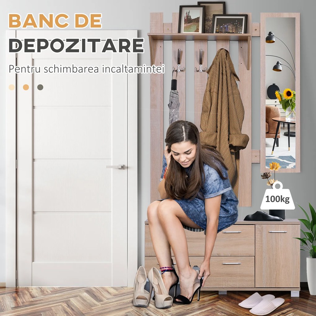 HOMCOM Dulap Pantofi 3 in 1, cu Cuier si Oglinda, Sertare Spațioase, Scaun Rezistent, 90x24x116 cm | Aosom Romania