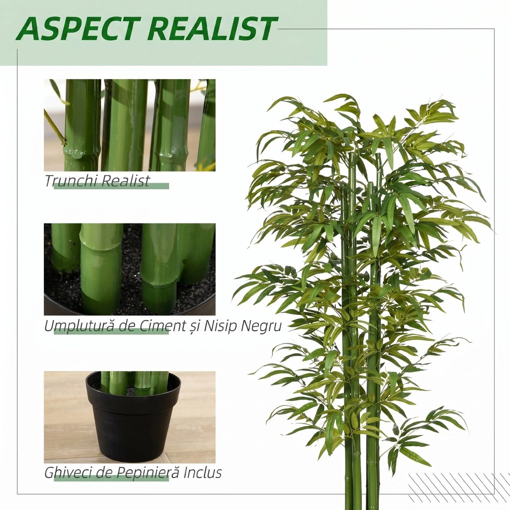 HOMCOM Plantă Artificială de Bambus, 180 cm, Realistă, cu Ghiveci Decorativ pentru Living și Dormitor, Verde | Aosom Romania