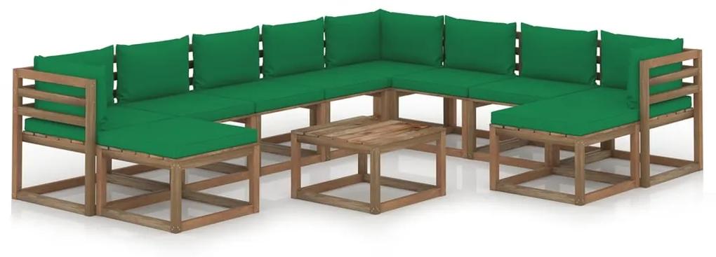 Set mobilier de gradina cu perne verzi, 11 piese Verde, 3x colt + 5x mijloc + 2x suport pentru picioare + masa, 1