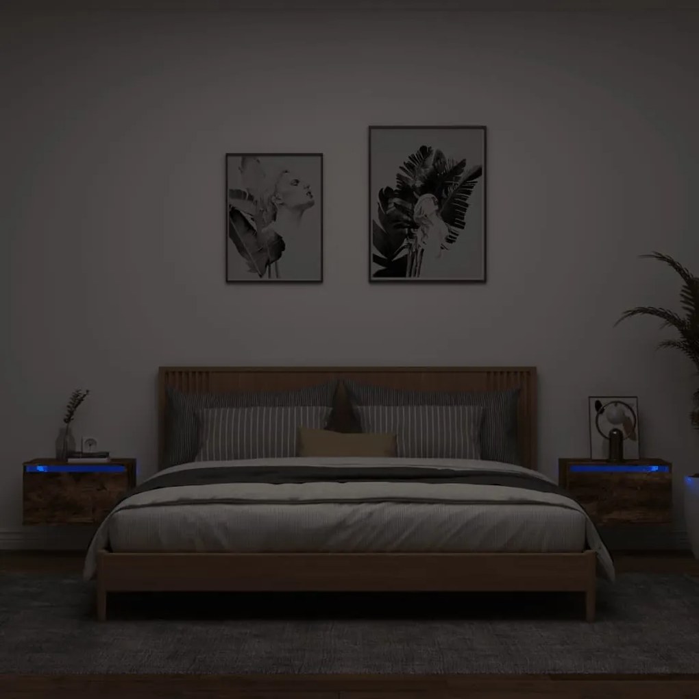 vidaXL Noptiere montate pe perete cu lumini LED, 2 buc.,stejar fumuriu