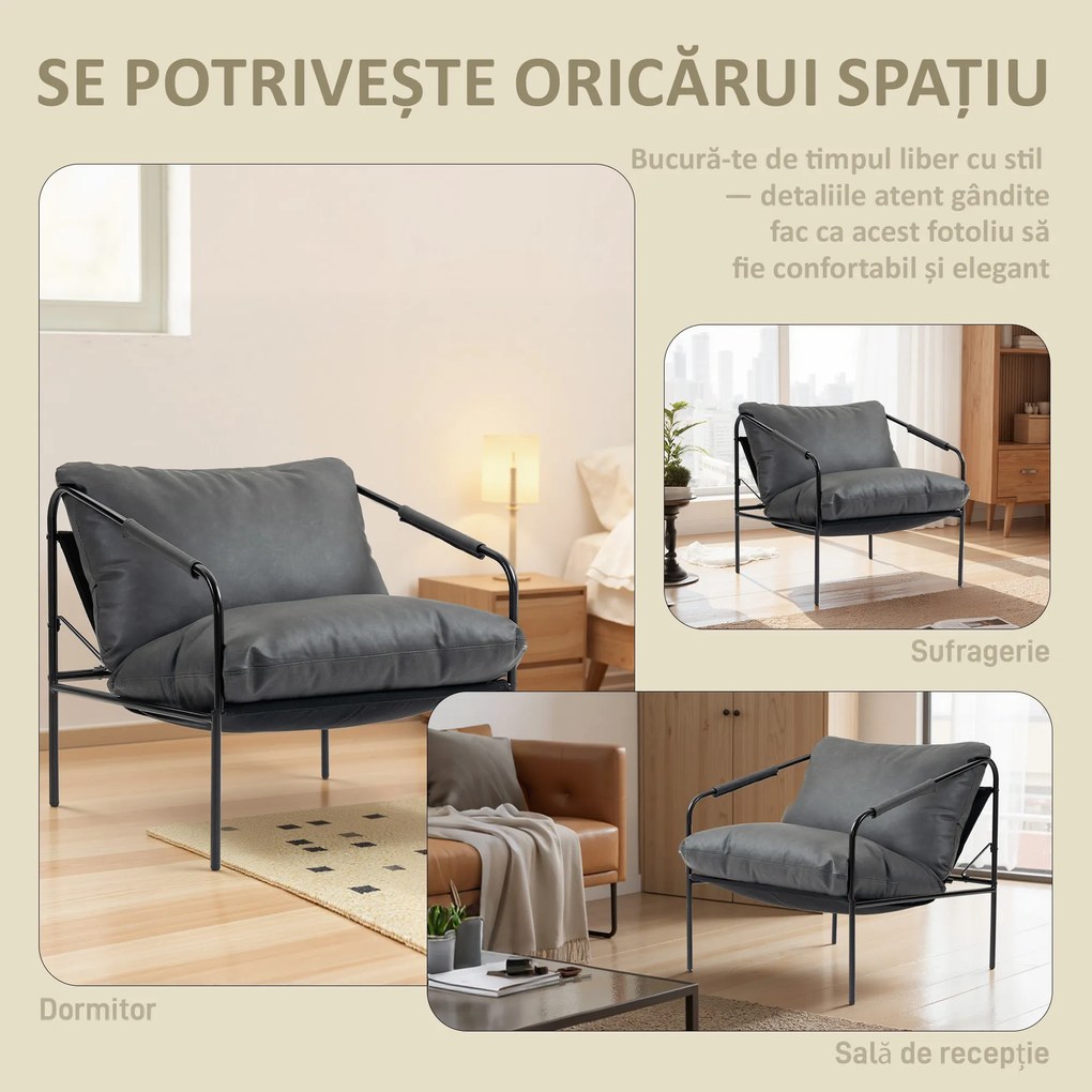 HOMCOM Fotoliu de Sufragerie din Piele PU și Cadru Metalic cu Perne Groase, 74.5x75x77 cm, Gri Antracit | Aosom Romania
