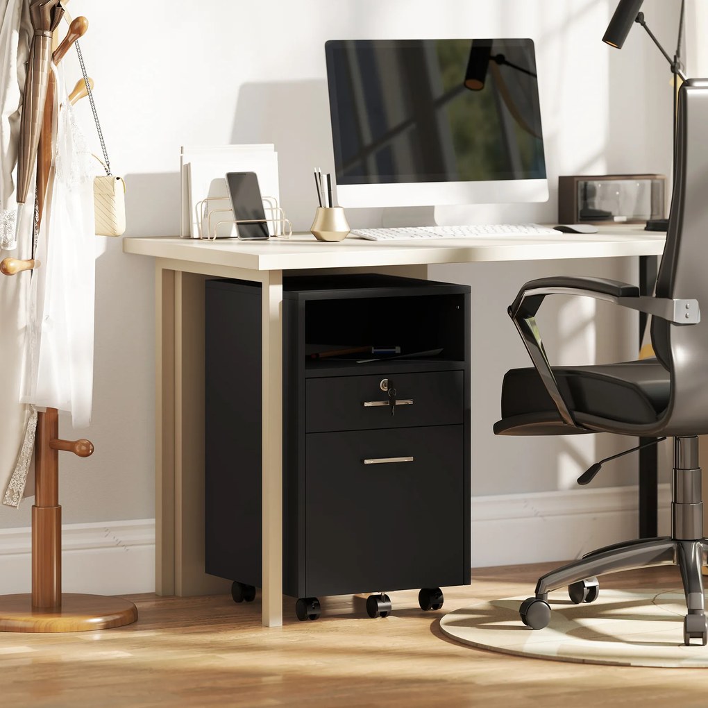 Vinsetto Comodă de Birou cu 2 Sertare și Raft Deschis, Mobilier cu 5 Rotile, Încuietoare și 2 Chei, 39x40x65 cm, Negru | Aosom Romania