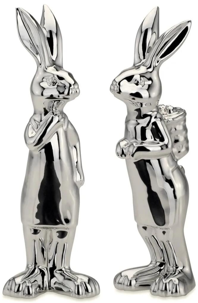 Set 2 decoratiuni Rabbits, Hermann Bauer, 6x5x18 cm, portelan, argintiu