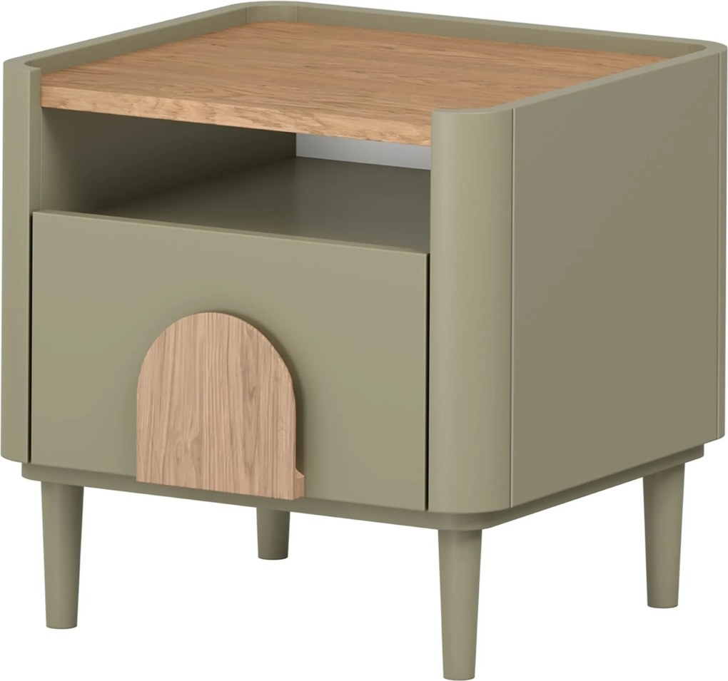Noptieră Amilio cu sertar 50 cm pe picioare - eucalipt / stejar baltic dune / mânere stejar natural