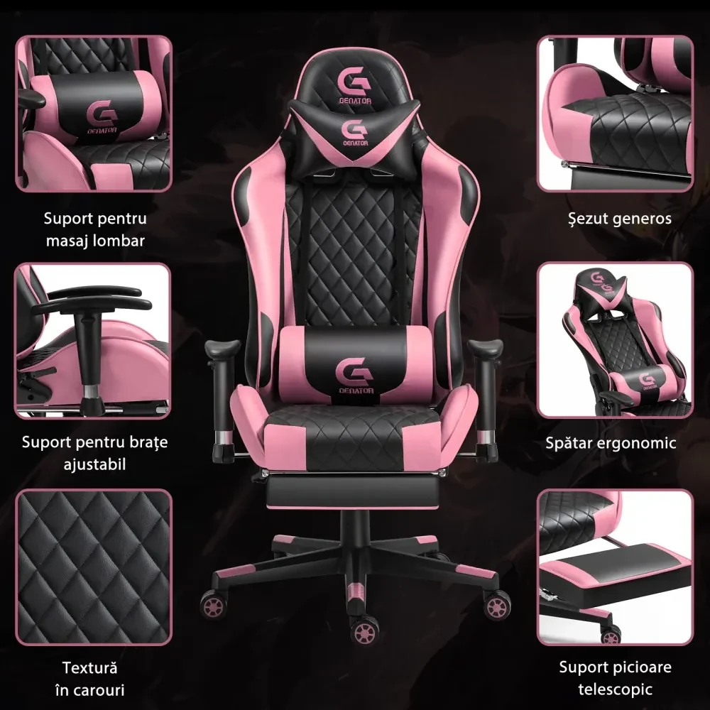 Scaun gaming, masaj în perna lombară, sezut benzi elastice sustinere, suport picioare, funcție sezlong, SIG 5020, Negru/Roz