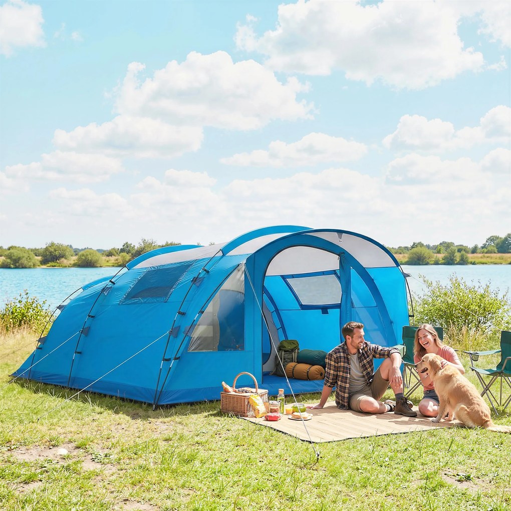 Outsunny Cort familial tip tunel pentru 4 persoane cu 3 camere Ușă 4 ferestre Impermeabil Montaj ușor | Aosom Romania