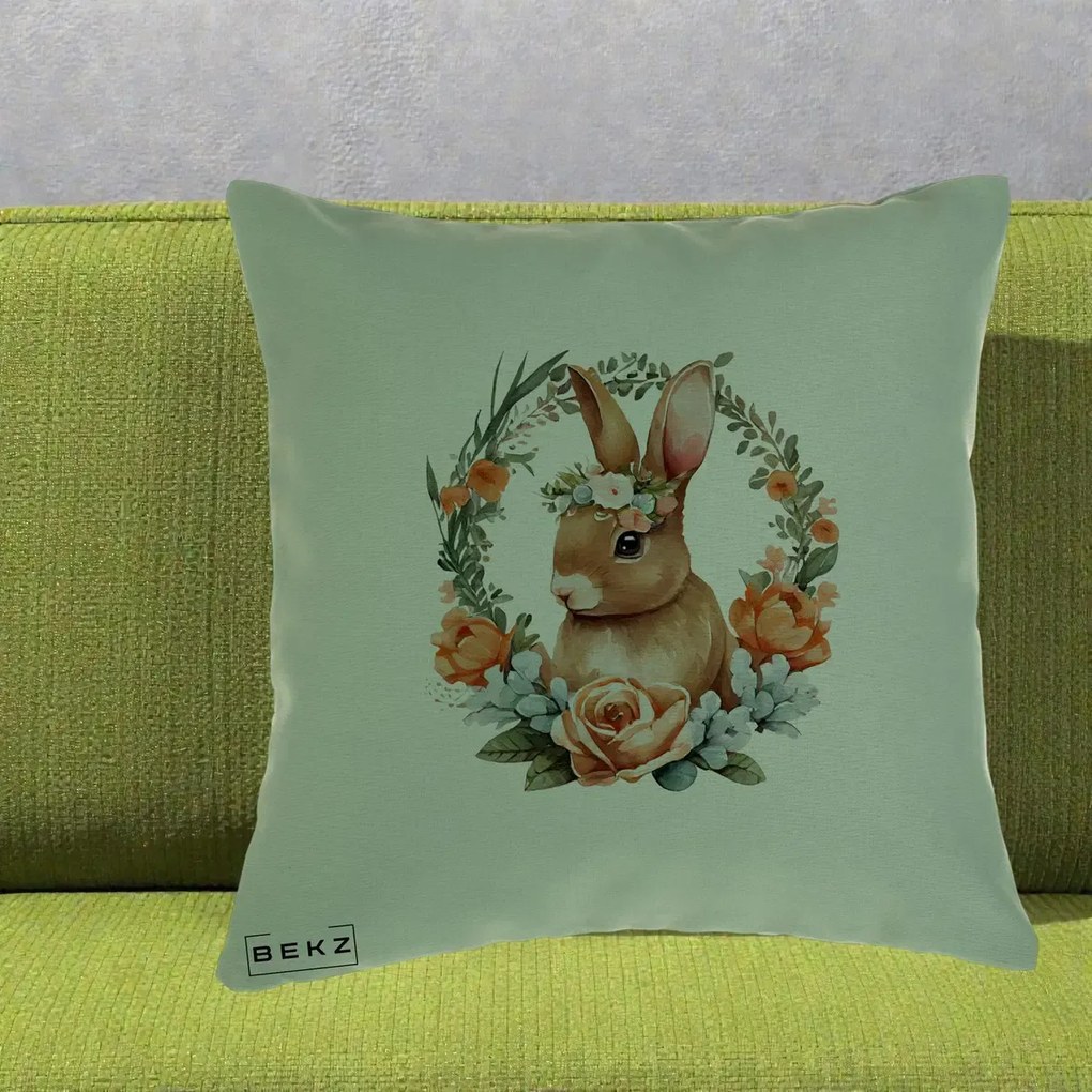 Perna Decorativa Iepuras Floral Coronita Acuarela, 40x40 cm, Verde, Husa Detasabila, Perna Inclusa, BEKZ®