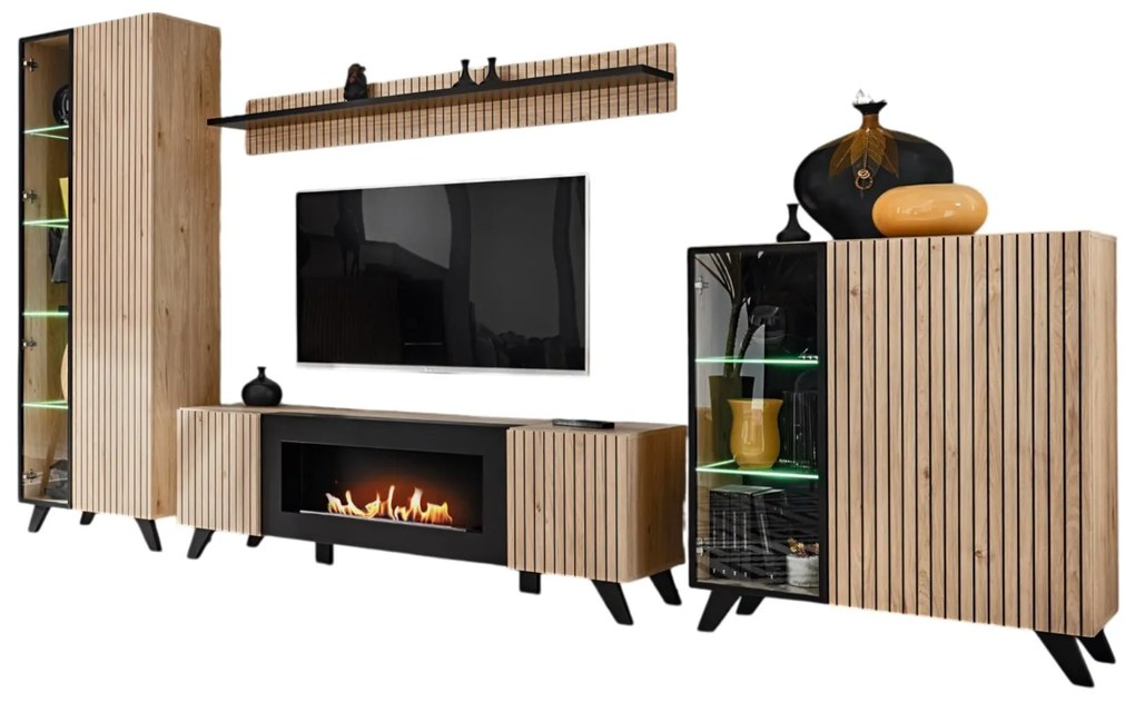 Mobilier living Lyran (hikora jackson + negru (cu iluminat LED) (cu bioșemineu). 1097693