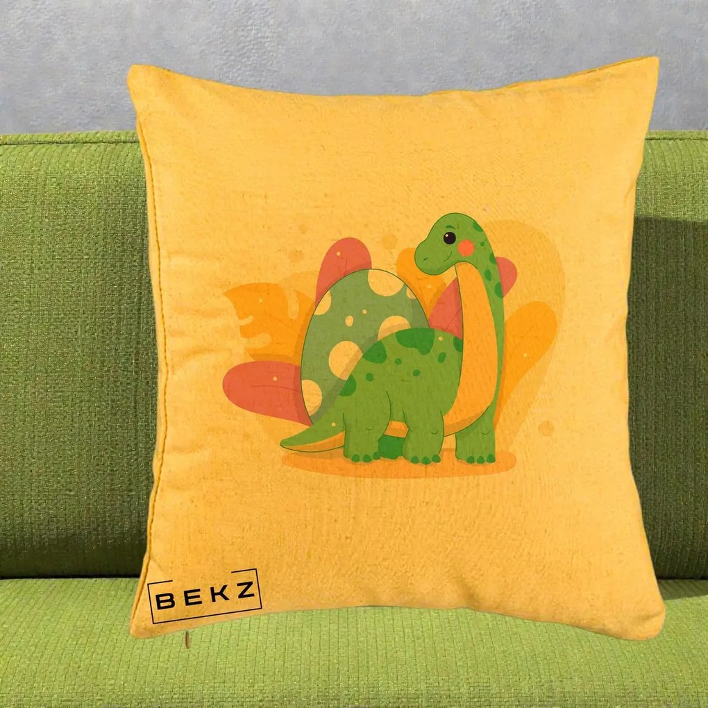 Perna Personalizata Dinozaur cu Ou Pastelat, 40x40 cm, Galben, Husa Detasabila, Perna Inclusa, BEKZ®