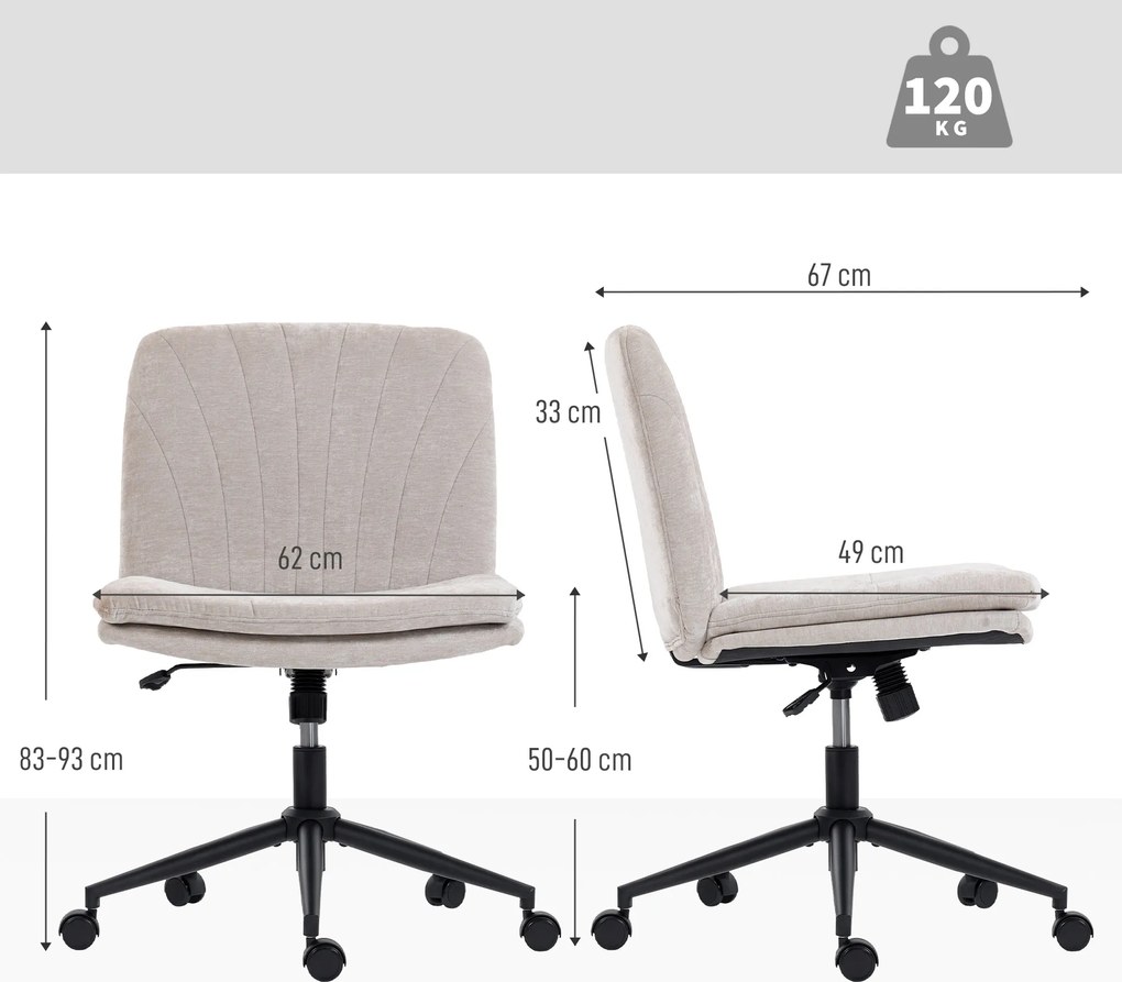 Scaun de Birou HOMCOM, Reglabil, Înclinabil și Rotativ, din Chenille și Oțel, 62x67x83-93 cm, Bej | Aosom Romania