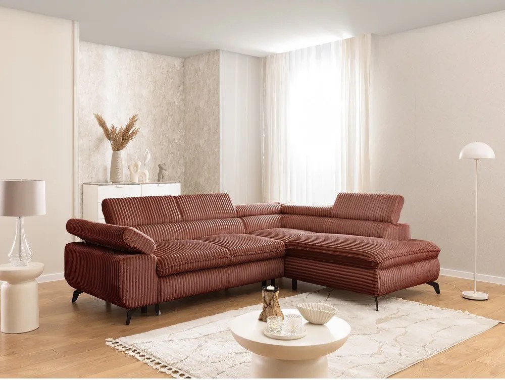 Colțar teracotă cu tapițerie din catifea reiată (cu colț pe partea dreaptă/în formă de ”L”) Marbeya – Ropez